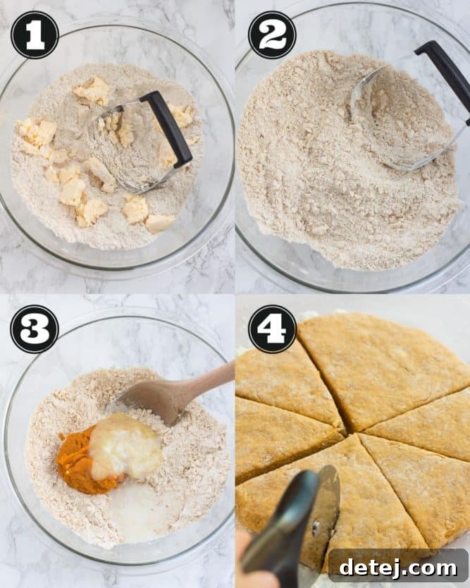 A detailed collage illustrating the four key steps to making vegan pumpkin scone dough: mixing dry ingredients, cutting in vegan butter, combining wet ingredients, and shaping/cutting the dough.