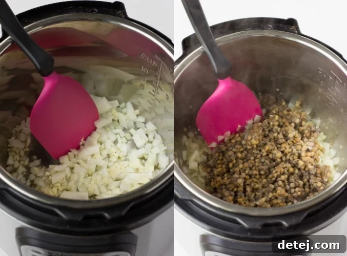 A collage showing the initial steps of making Instant Pot Spaghetti: sautéing onions and garlic, adding lentils and salt.