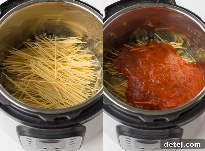 A collage depicting the middle steps of preparing Instant Pot Spaghetti: deglazing the pot, adding broken spaghetti noodles, and pouring marinara sauce on top.