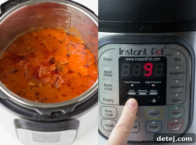 A collage showing the final steps of making Instant Pot Spaghetti: sealing the lid for pressure cooking, then the cooked spaghetti after quick release and stirring.
