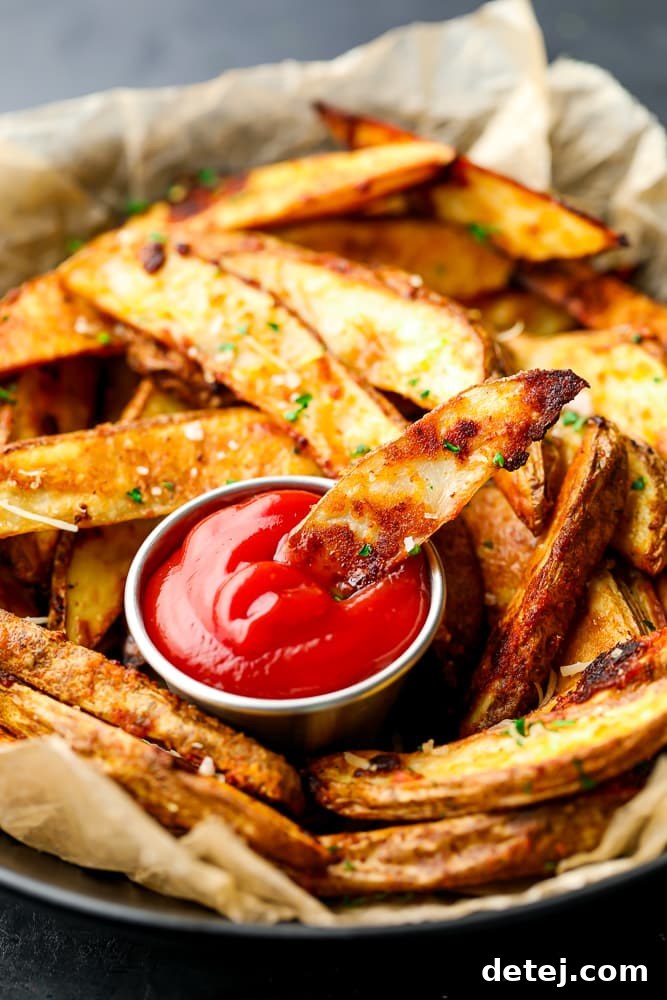 black bowl line with parchment paper and lots of wedged potatoes being dipped in ketchup
