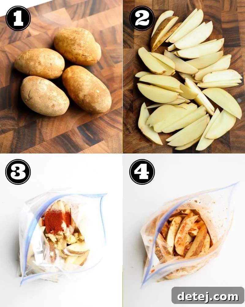 collage showing step by step how to cut and mix potato slices
