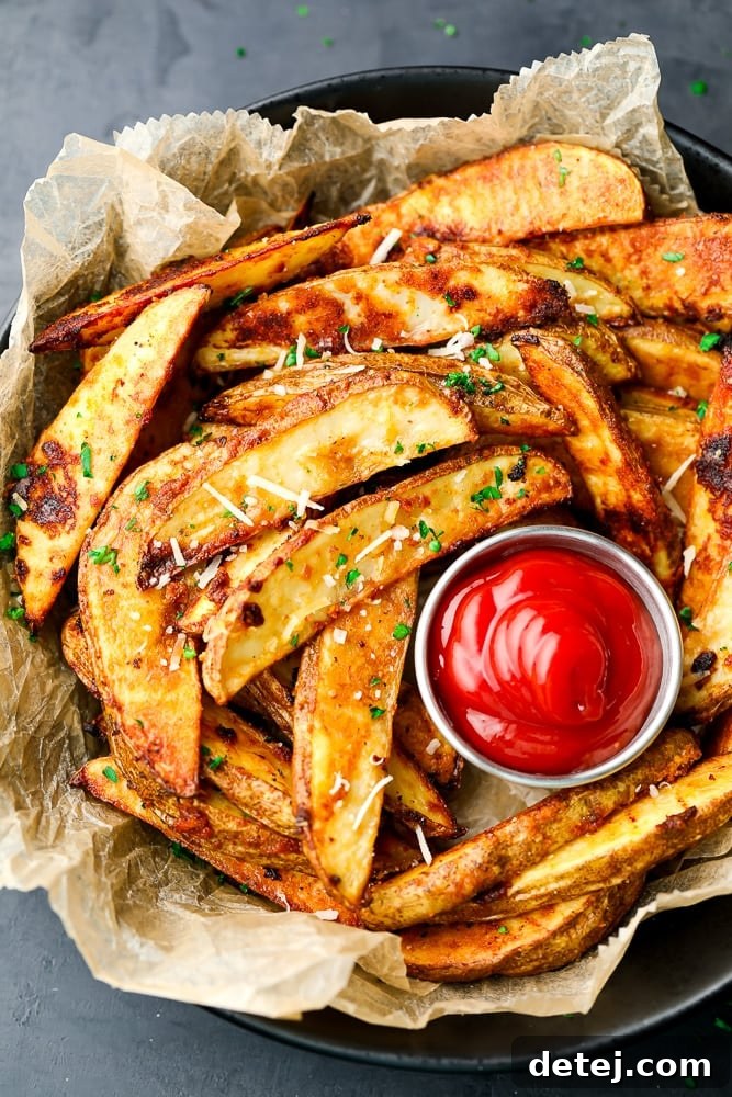 looking down on a bowl of potatoes in wedges with ketchup