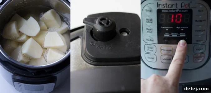 A collage showing the preparation steps of vegan mashed potatoes in the Instant Pot, from chopped potatoes to cooked and drained.