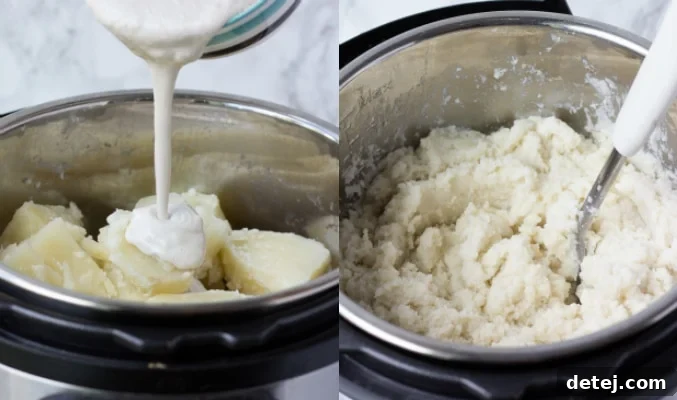 A collage illustrating the process of preparing vegan mashed potatoes, including pouring cashew cream and mashing the potatoes to a smooth consistency.