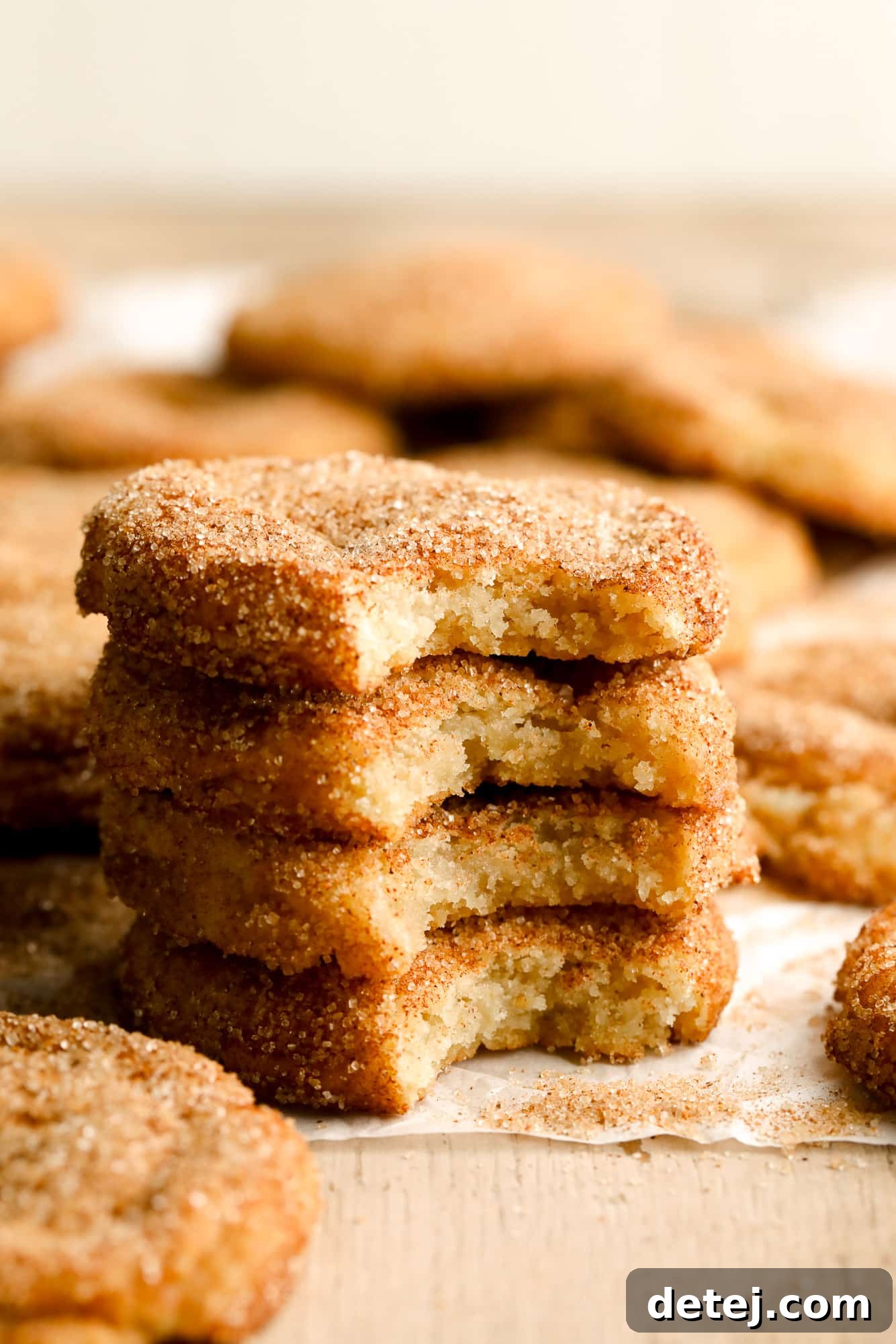 A stack of four fluffy vegan snickerdoodles, each with a bite taken, revealing their soft interior.