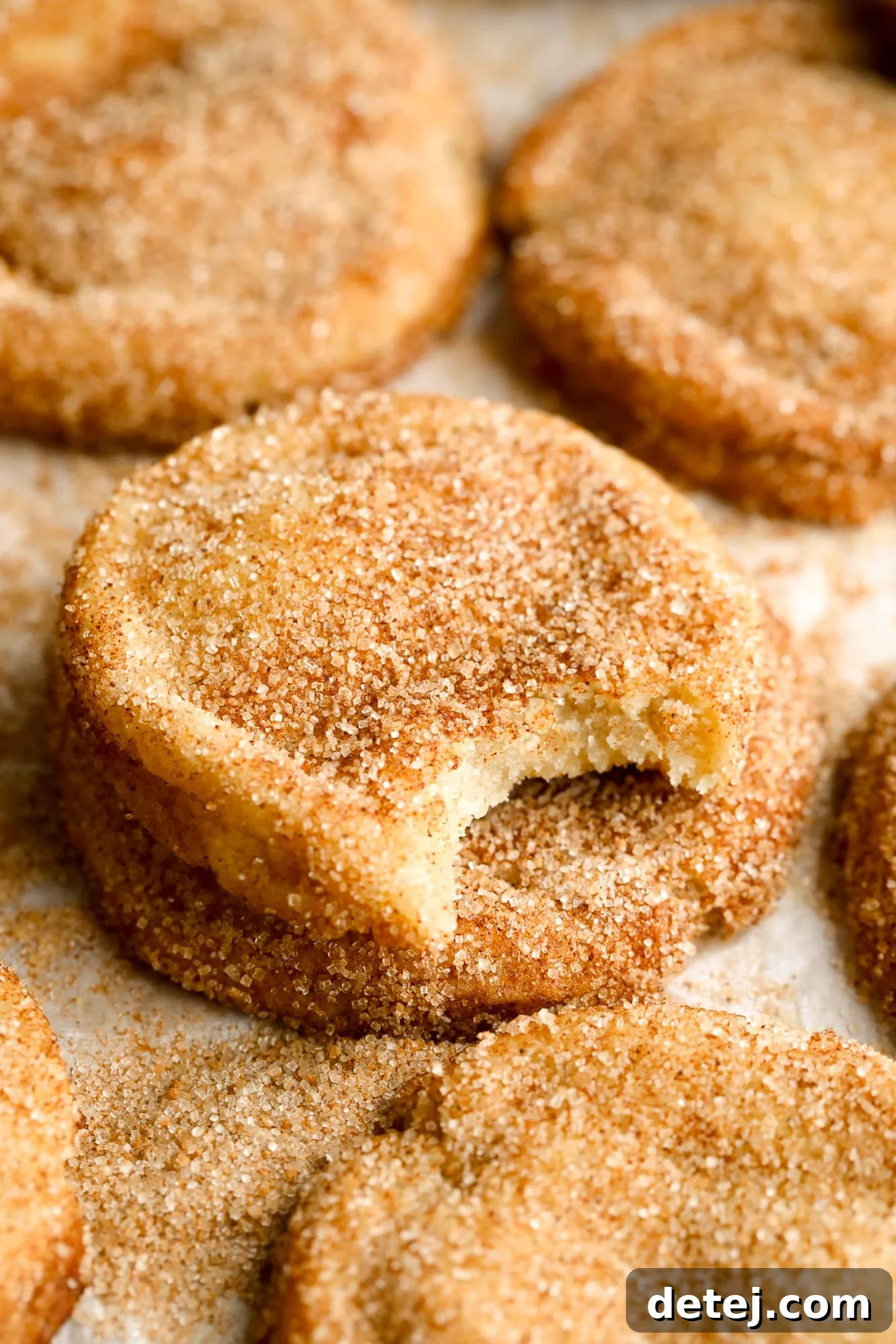A close-up shot of a single vegan snickerdoodle with a bite taken out, highlighting its soft texture and cinnamon-sugar coating.