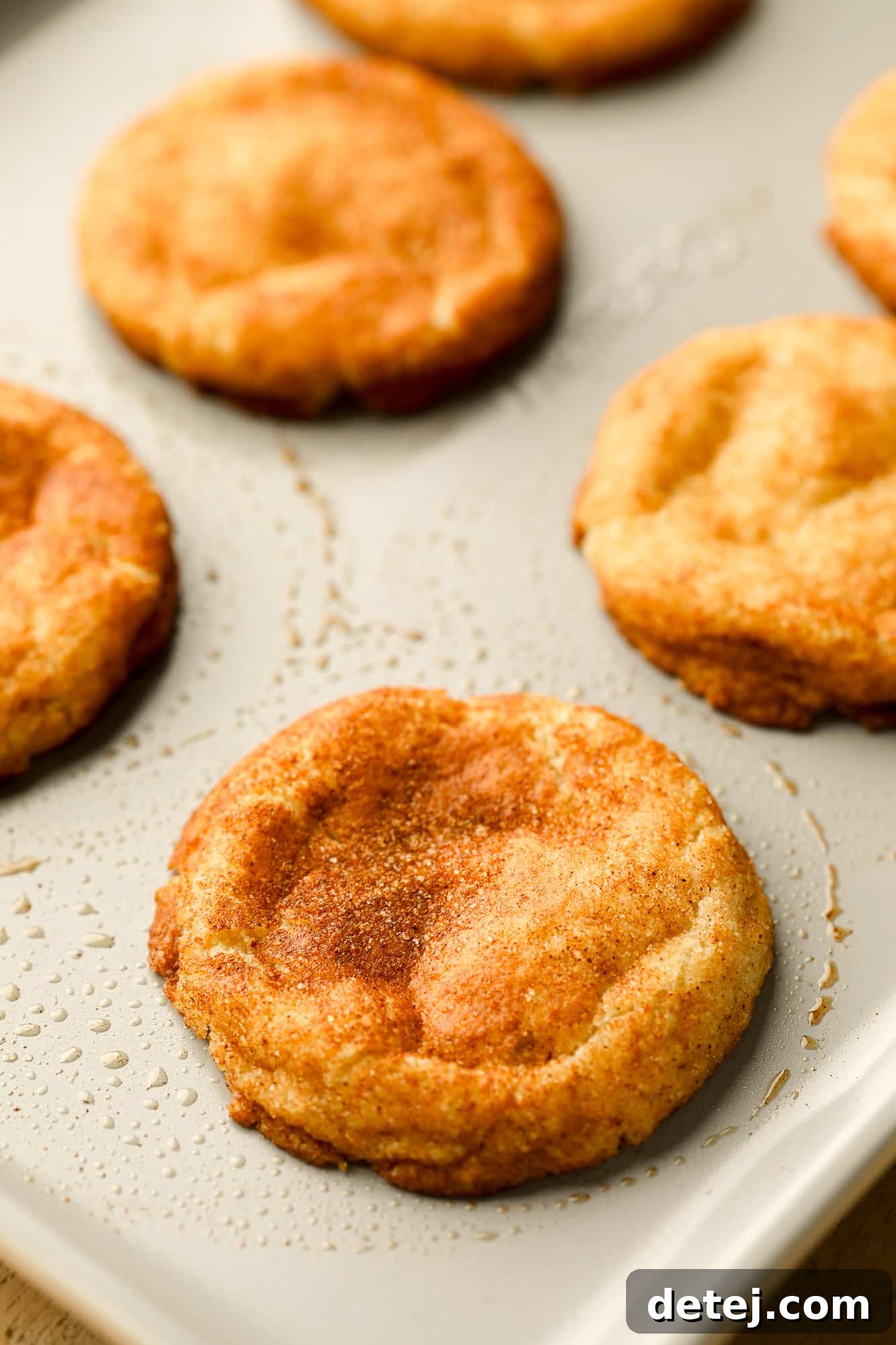 A close-up view of freshly baked vegan snickerdoodles, golden and perfectly cracked, cooling on a metal baking sheet.