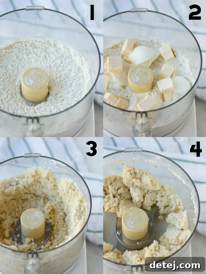 A step-by-step collage showing the process of making vegan pie crust in a food processor, from dry ingredients to coarse meal.