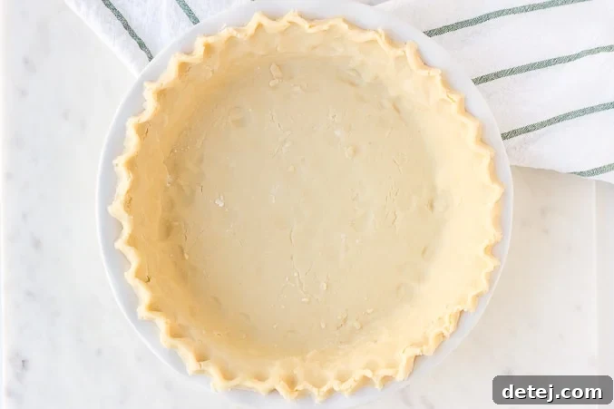 A perfectly formed vegan pie crust sitting in a ceramic pie pan, ready for filling.