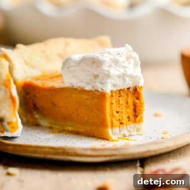 A slice of vegan pumpkin pie with a bite removed and whipped cream on top.