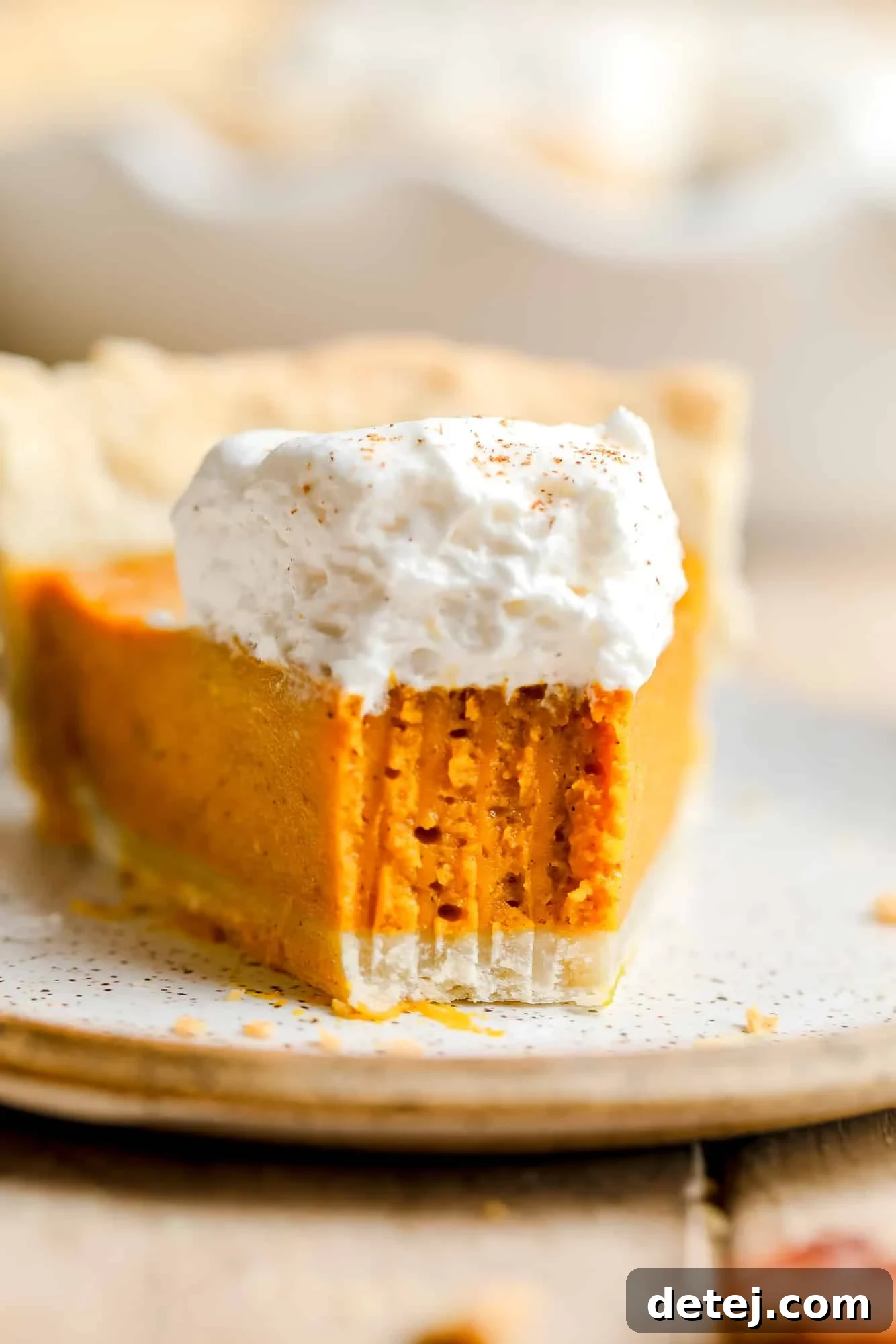 An enticing slice of vegan pumpkin pie with a bite taken out, perfectly showcasing its smooth texture and topped with a generous swirl of whipped cream.