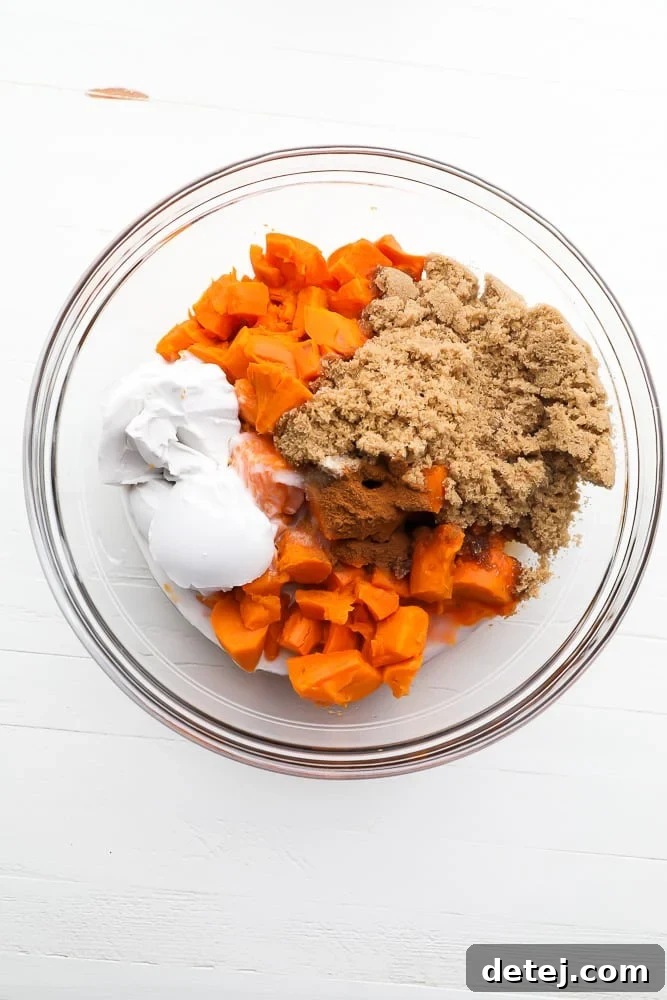 Comforting Vegan Sweet Potato Bake 4 bowl of ingredients - sweet potatoes cooked, cream, sugar