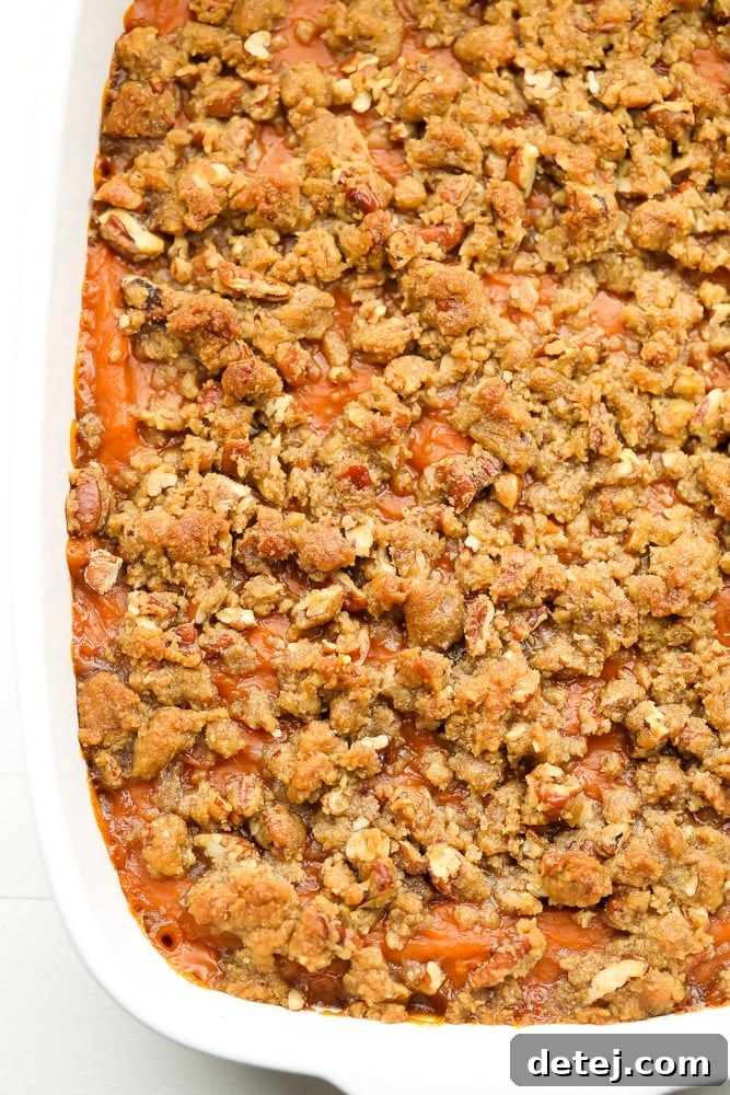 Comforting Vegan Sweet Potato Bake 7 baked crispy casserole in white dish