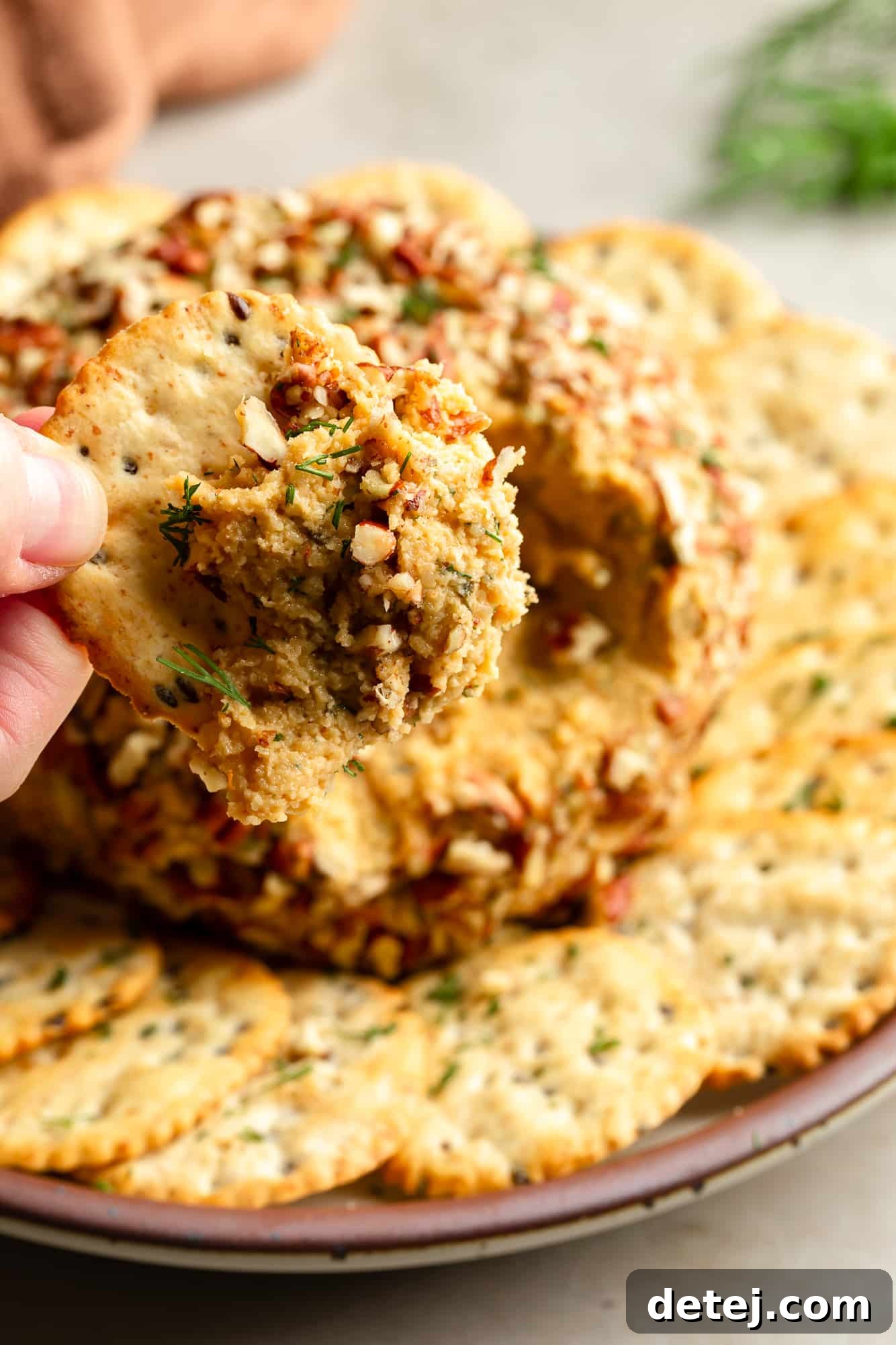 close up on a womans hand holding a cracker with a scoop of a vegan cheese ball on it.