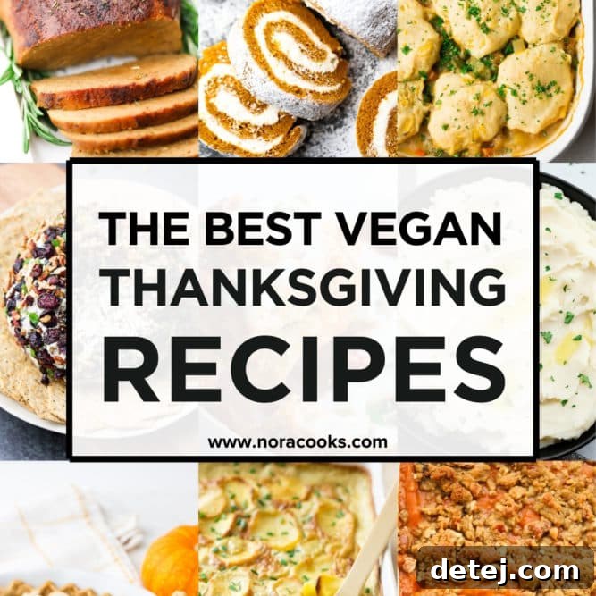A vibrant square image featuring a beautifully arranged selection of vegan Thanksgiving dishes, promising an impressive plant-based feast.