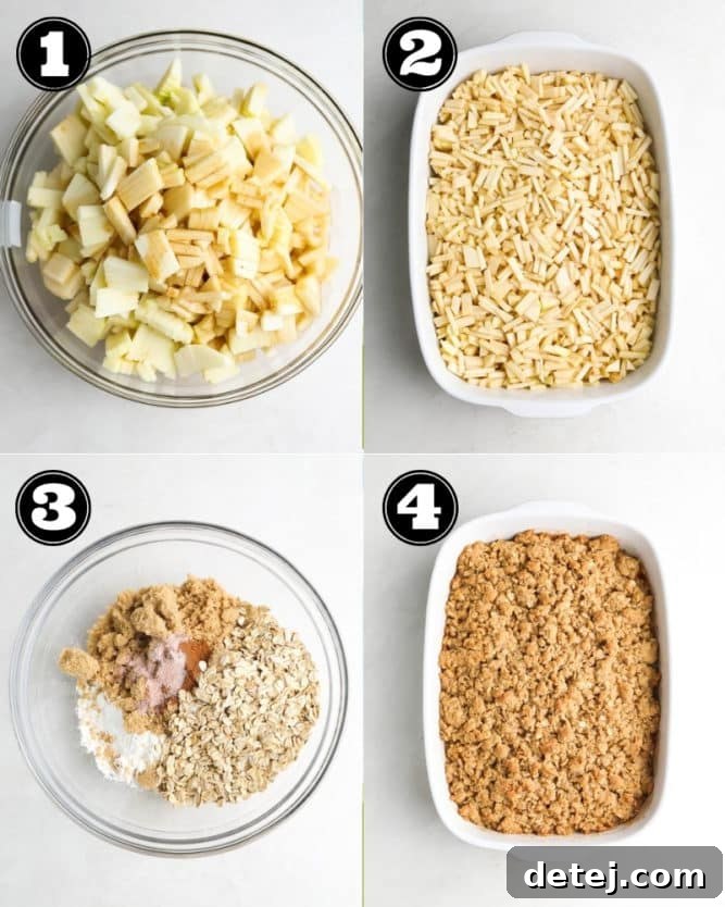 A visual collage illustrating the step-by-step process of making Vegan Apple Crisp, from preparing apples to mixing the topping and baking, providing clear guidance.