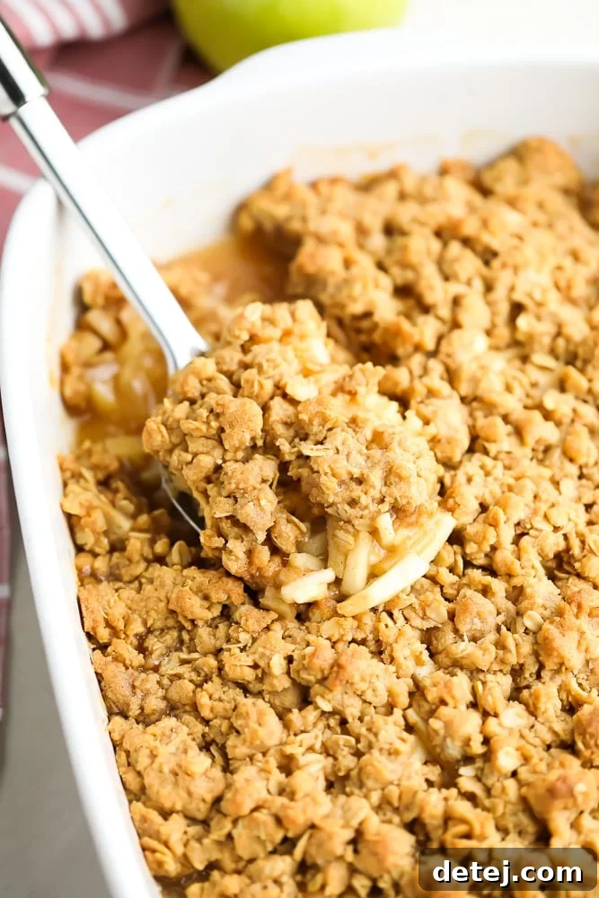 A silver spoon gently lifts a perfect scoop of warm Vegan Apple Crisp, showcasing the tender apple filling, golden crumbly topping, and the anticipation of deliciousness.