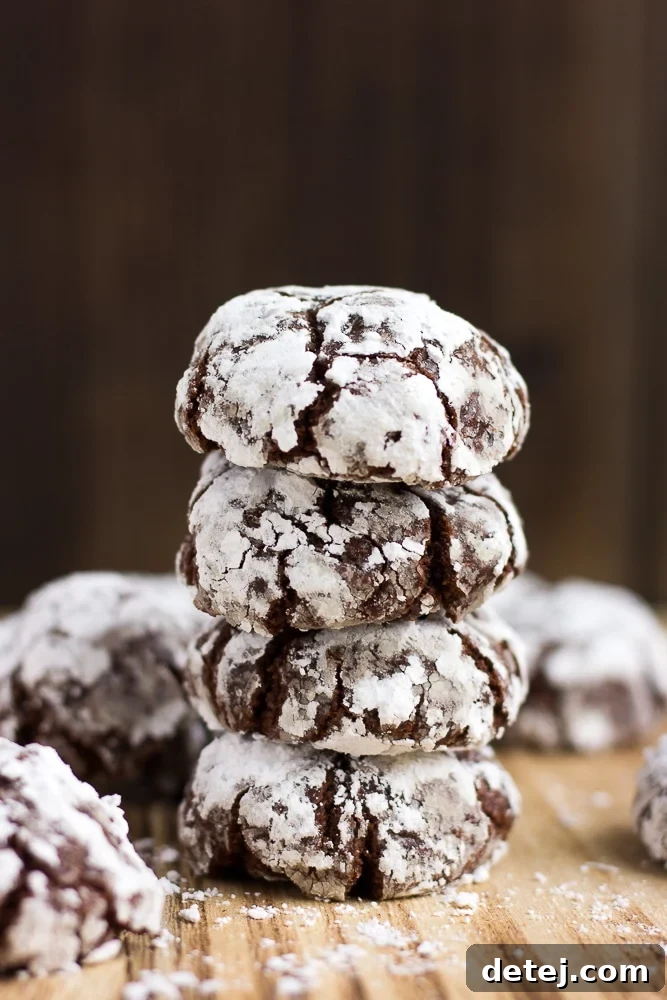 vegan chocolate crinkle cookies in a stack of 4