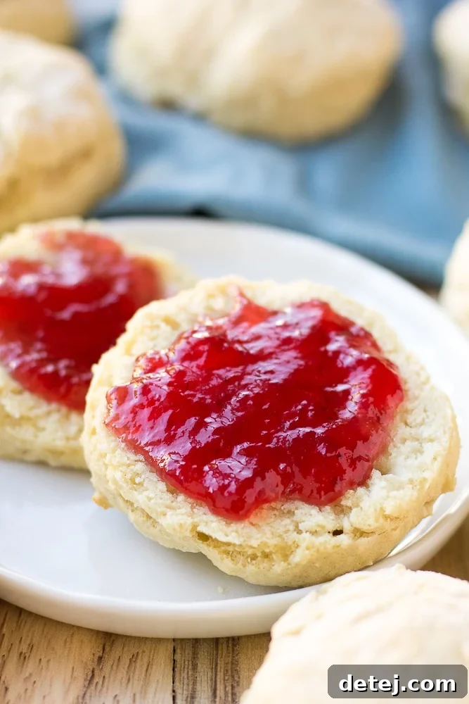 A trio of golden vegan biscuits, one generously topped with a vibrant red jelly, offering a sweet indulgence.
