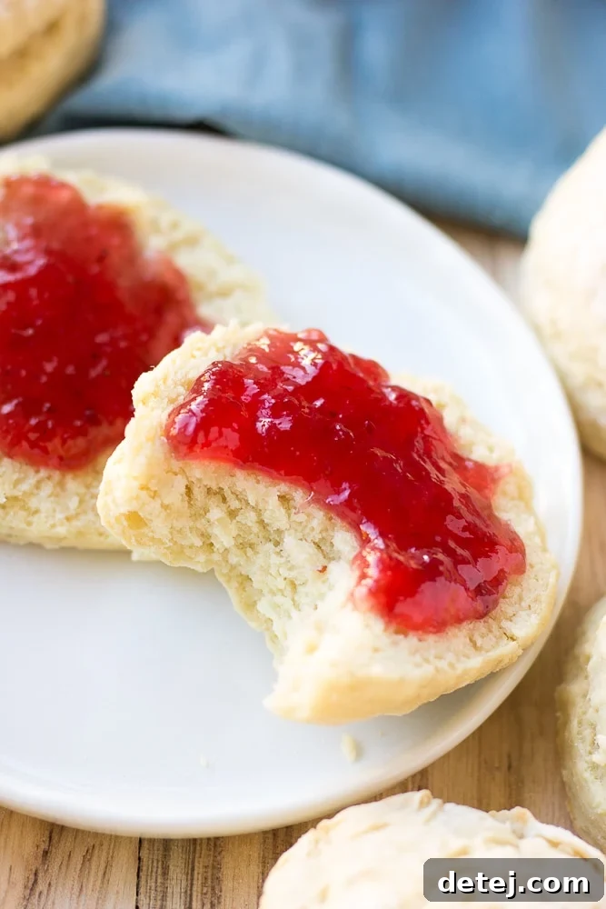 A close-up of a vegan biscuit with a bite taken out, showcasing its incredibly light, fluffy, and airy interior.