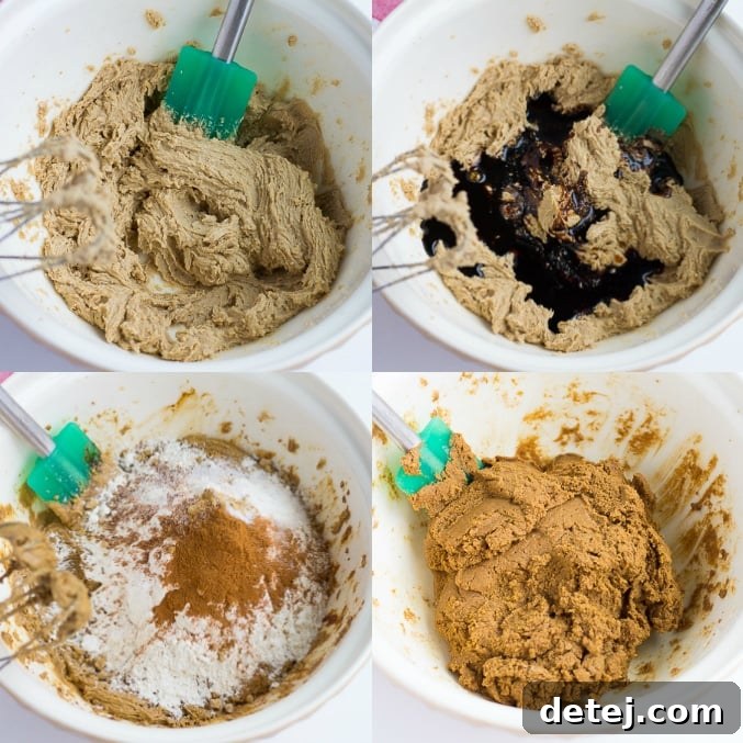 A step-by-step collage showing how to combine ingredients for vegan ginger cookies in a single bowl.