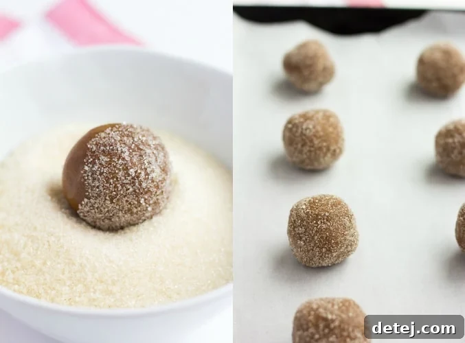 A collage demonstrating the process of rolling vegan ginger cookie dough into sugar-coated balls.