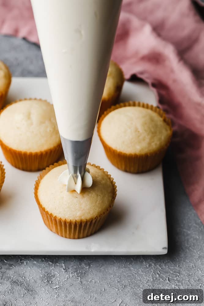Dreamy Vegan Buttercream 9 A piping bag placing a small, round dollop of frosting in the center of a cupcake as a base.