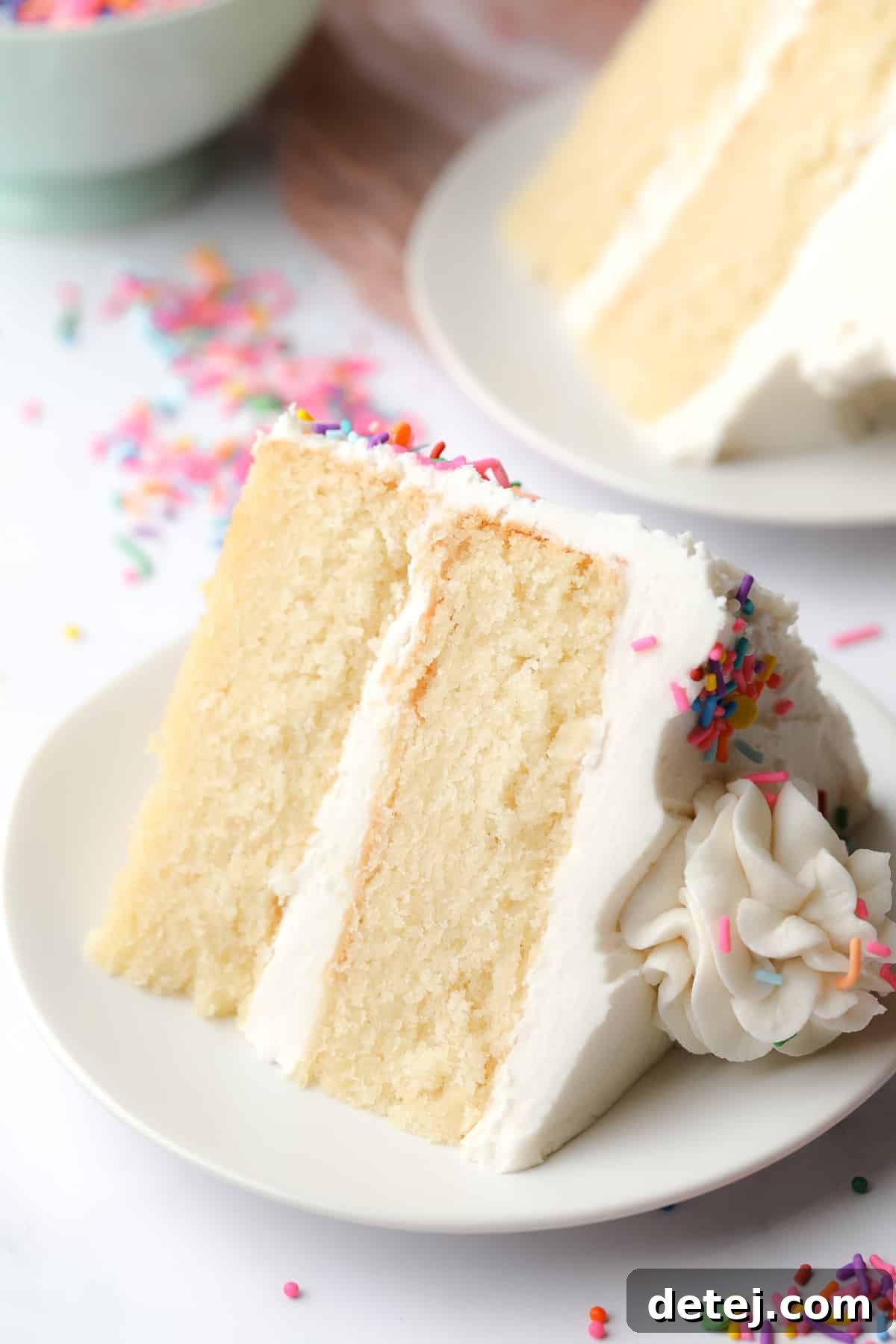 Delicate slice of vegan vanilla cake on a white plate, revealing a beautifully fluffy texture, adorned with smooth white frosting and colorful sprinkles, with another whole cake subtly blurred in the background.