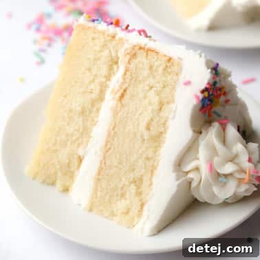 square image of a piece of vanilla cake on a white plate with some colorful sprinkles