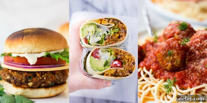 collage of burgers, burritos and spaghetti for going vegan