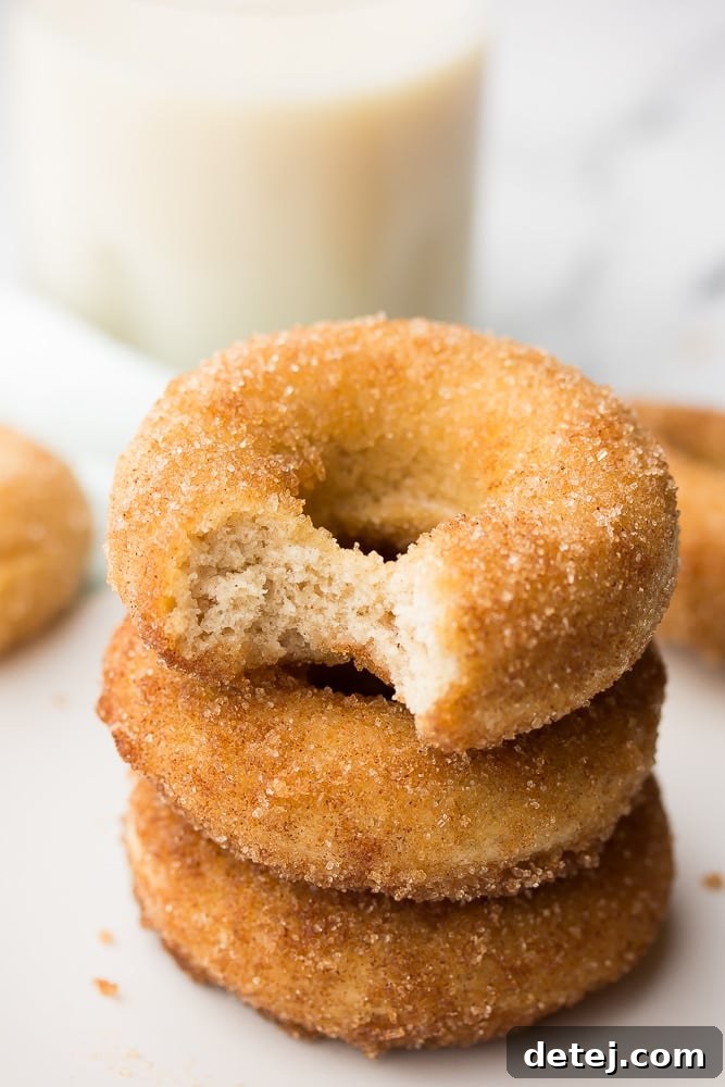 Stack of freshly baked vegan cinnamon sugar donuts, one with a bite taken out, on a rustic surface.