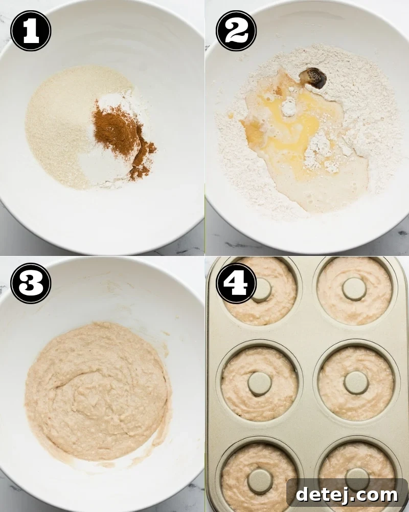 A collage showing the step-by-step process of mixing the vegan donut batter in a bowl and spooning it into a donut pan.