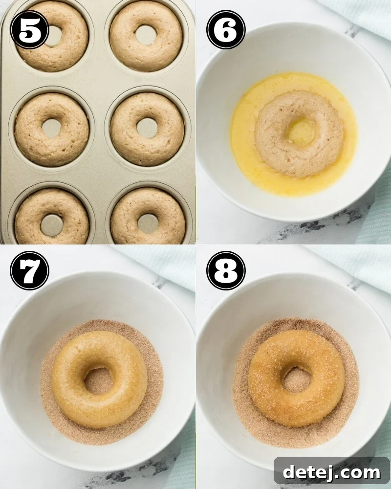 A collage demonstrating how to dip the baked vegan donuts into melted vegan butter and then coat them in cinnamon sugar.