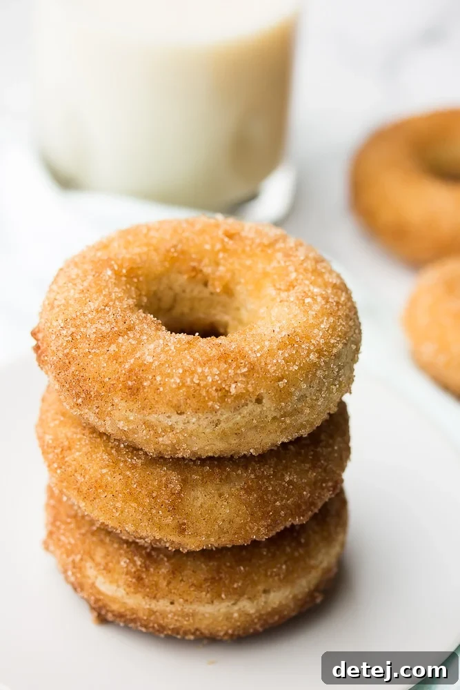 A stack of vegan donuts with a cup of plant-based milk in the background, surrounded by more delicious baked treats.
