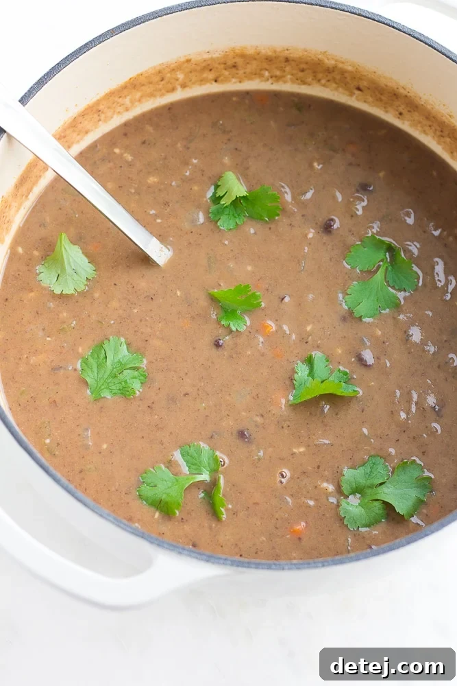 Hearty Vegan Black Bean Soup 4 Large pot of delicious vegan black bean soup simmering, garnished with fresh cilantro.