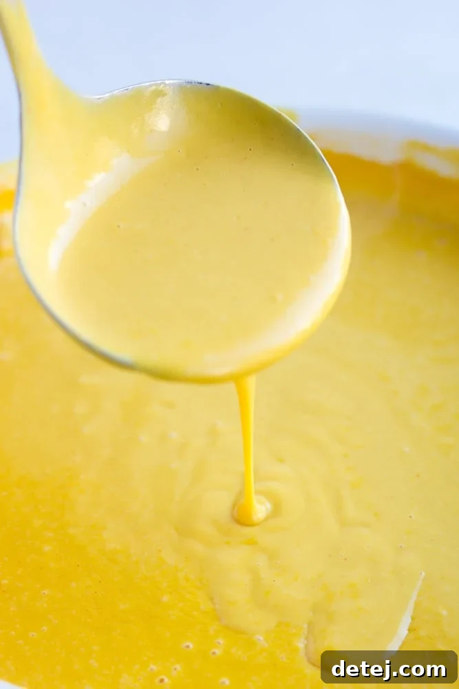 A golden, smooth vegan cheese sauce is shown in a small saucepan, with a ladle scooping up a portion, highlighting its creamy texture. This versatile nut-free sauce is perfect for various dishes.