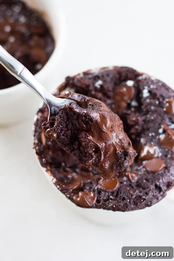 A delicious chocolate vegan mug cake with a spoonful taken out, revealing its fudgy interior