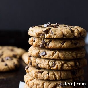 tall stack of Oil Free Peanut Butter Chocolate Chip Cookies