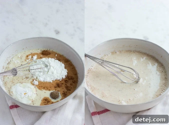 Ingredients for vegan French toast being whisked together in a small bowl, showcasing the simplicity of the batter preparation.