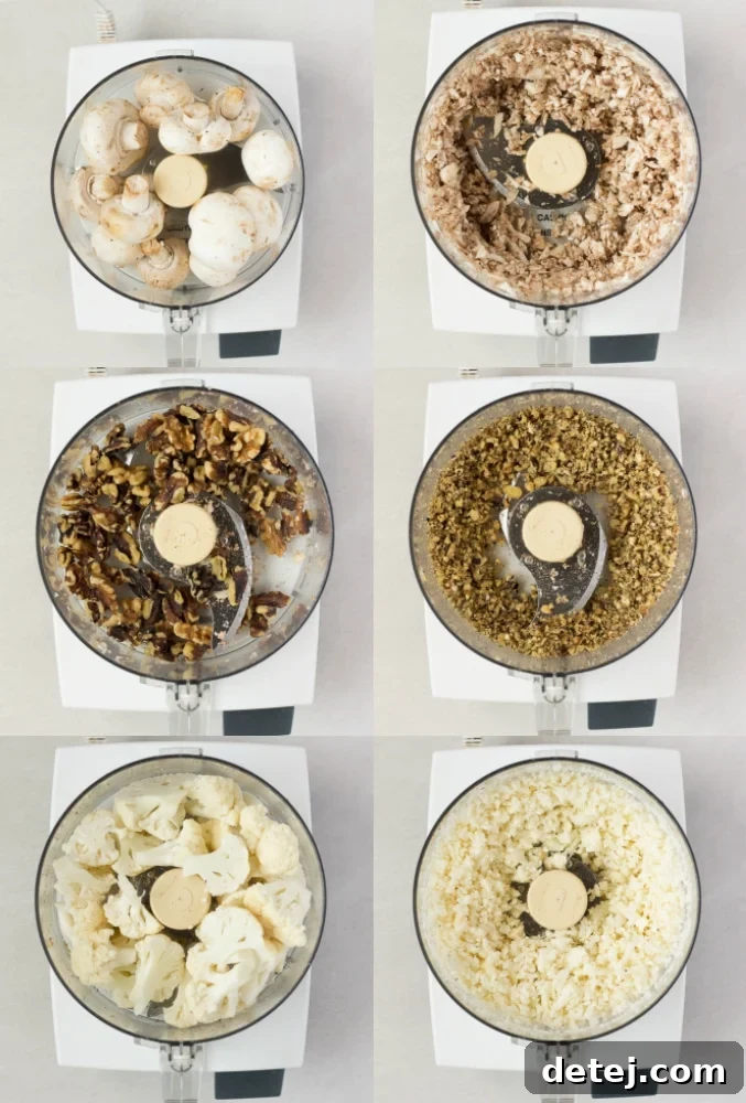 A collage showing the preparation of cauliflower, mushrooms, and walnuts being ground in a food processor for the vegan 'meat' filling.
