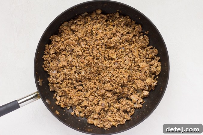 The finished cooked vegan 'meat' filling in a pan, ready for assembly into the shepherd's pie.
