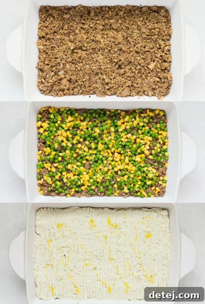 A visual collage illustrating the layering process of vegan shepherd's pie: 'meat' on the bottom, followed by vegetables, and then a generous layer of mashed potatoes.