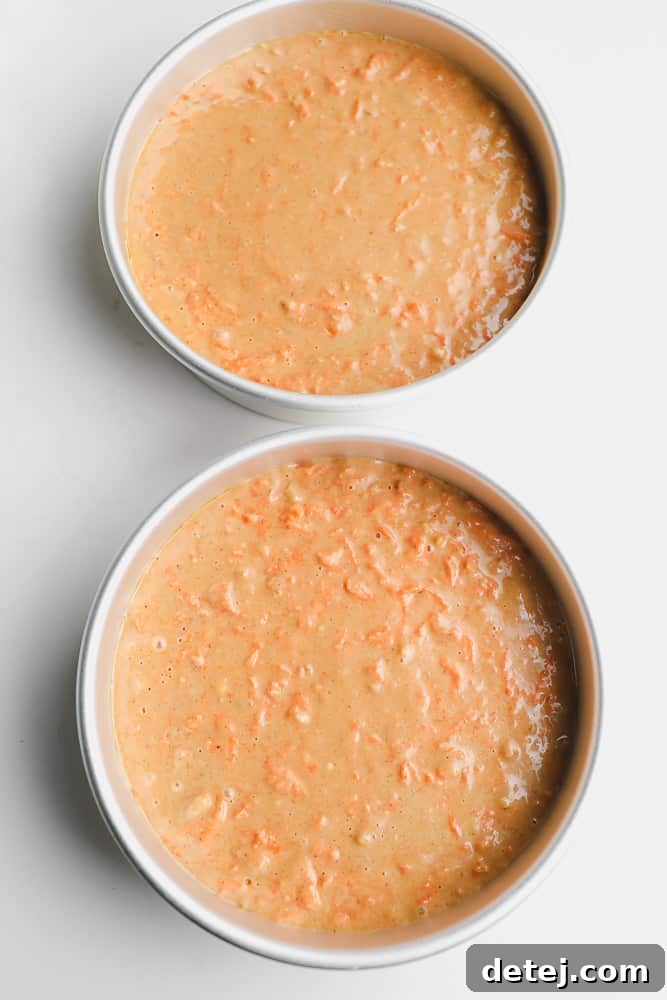 two unbaked vegan carrot cakes in round pans