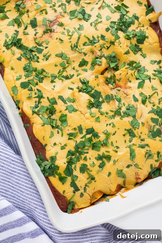 Ultimate Vegan Enchiladas 4 A top-down view of a baking dish filled with vibrant vegan enchiladas, garnished with fresh chopped cilantro.