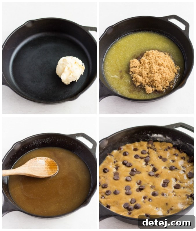 Collage showing the step-by-step process of mixing ingredients for a vegan skillet cookie in a cast iron pan.