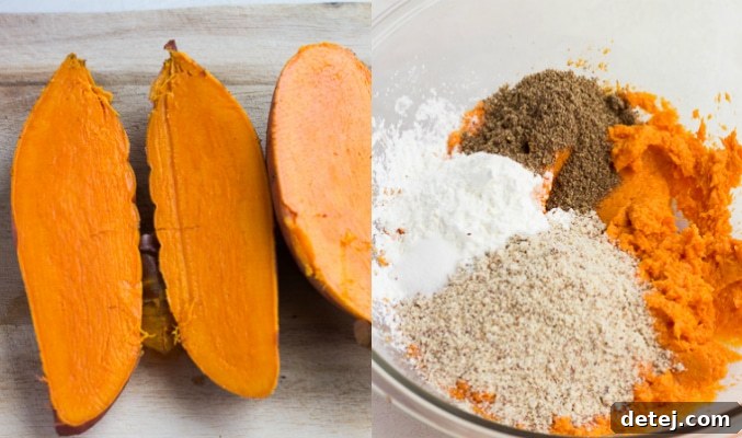 collage of making sweet potato pizza crust.