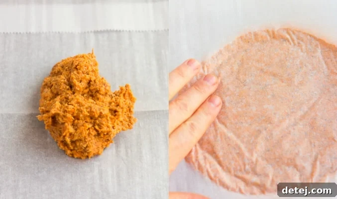 Forming sweet potato pizza crust with hands.