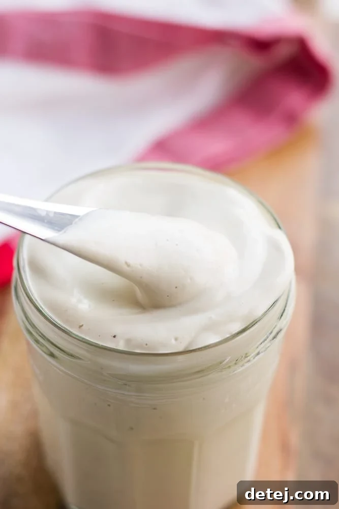 Plant-Based Mayo 3 homemade vegan mayo in a glass jar with a small knife, red towel in background.