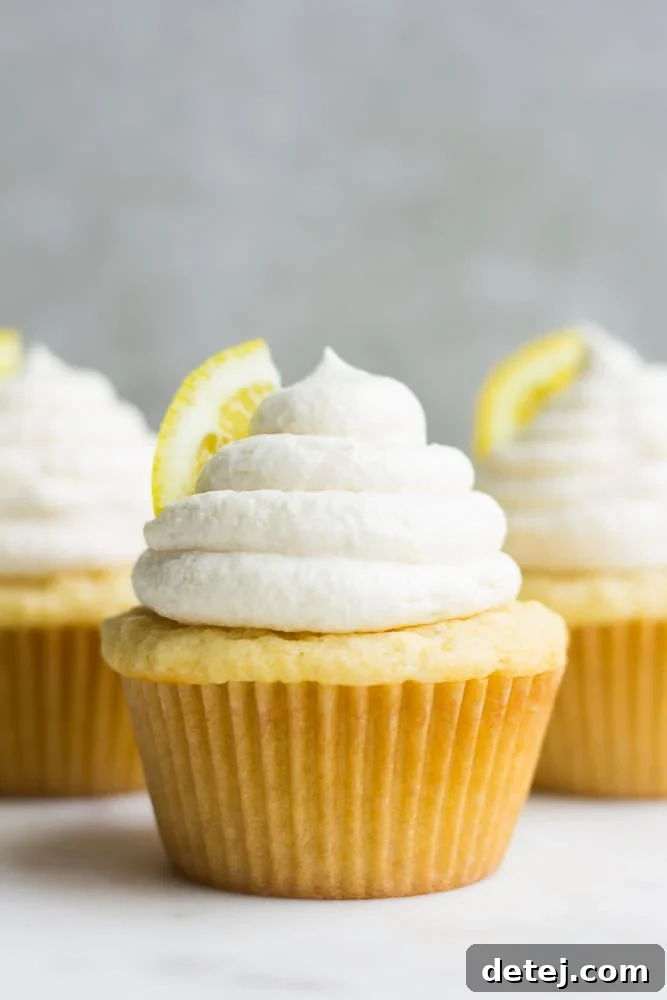 Close-up shot of two exquisitely frosted vegan lemon cupcakes, highlighting the smooth buttercream and a delicate lemon slice garnish.